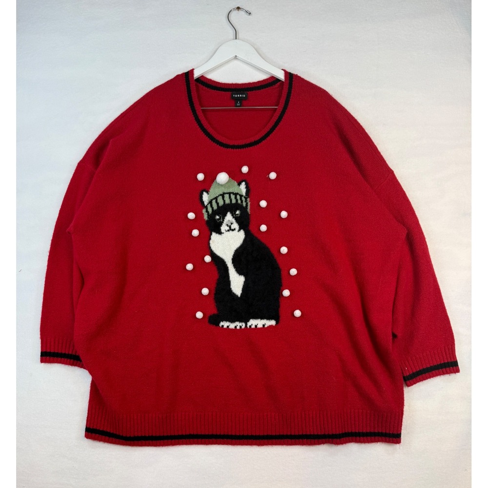 Torrid 4 Red Holiday Cat Sweater Festive Winter Knit Pom Pom Pullover